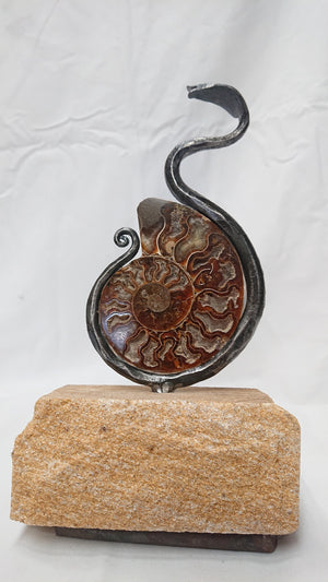 "Creation Snake", ammonite and iron sculpture